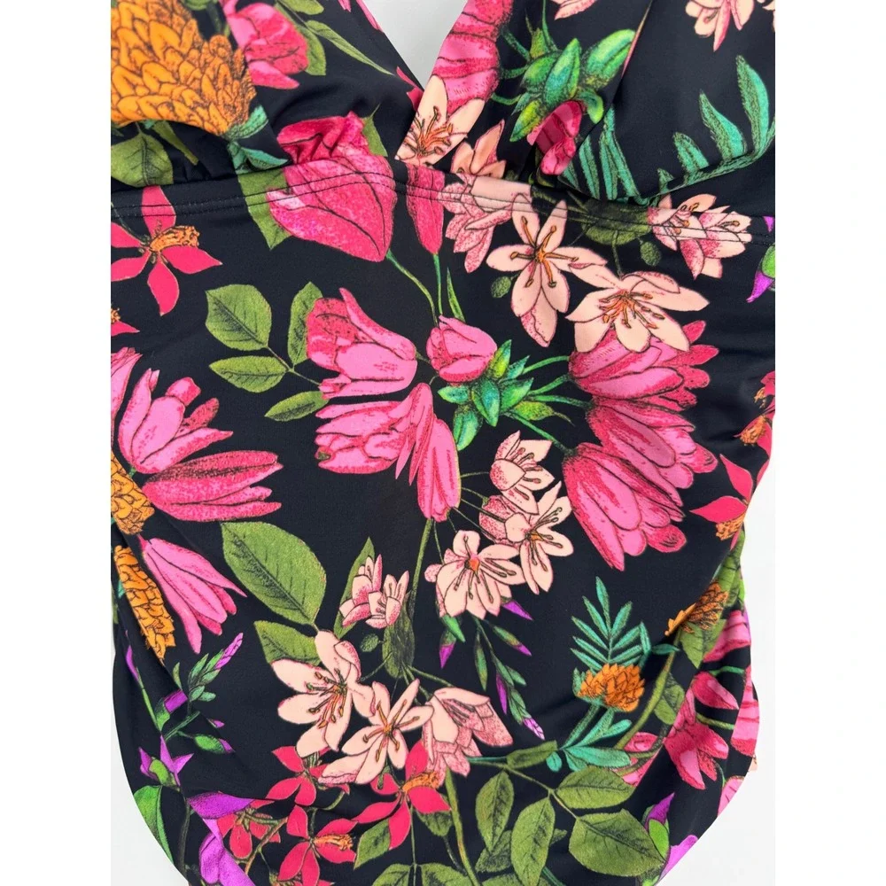 Time And Tru Slimming Silhouette One Piece‎ Swimsuit Black Pink Tropical Sz M